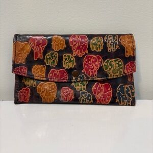 Boho Elephant Embossed Leather Clutch Wallet Ethnic India Snap Closure